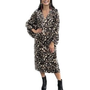 Karlie Abella Leopard Print Puff Sleeve V Neck Midi Dress Brown Black Size Small